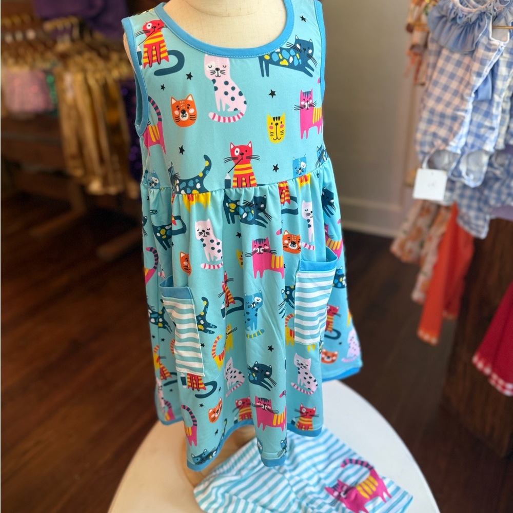 Cute Cat Print Blue Dress